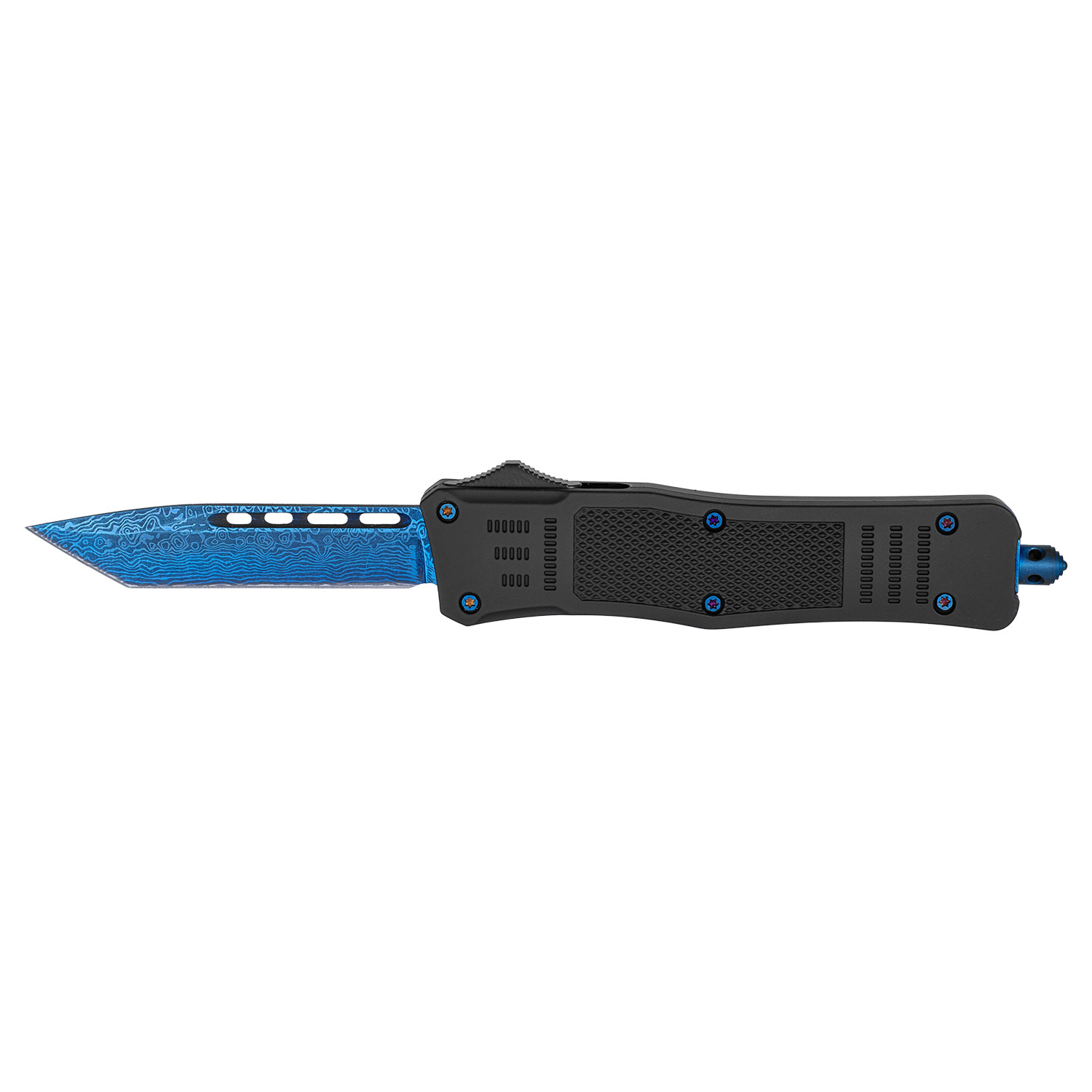 Black Tactical OTF Out the Front Pocket Knife - Blue Damascus Tanto Point Blade