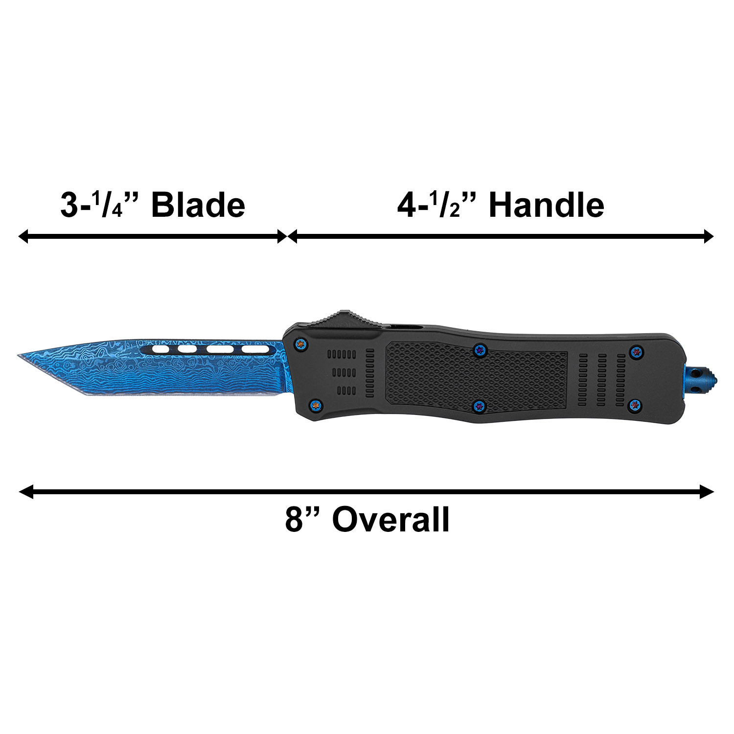 Black Tactical OTF Out the Front Pocket Knife - Blue Damascus Tanto Point Blade - Image 2