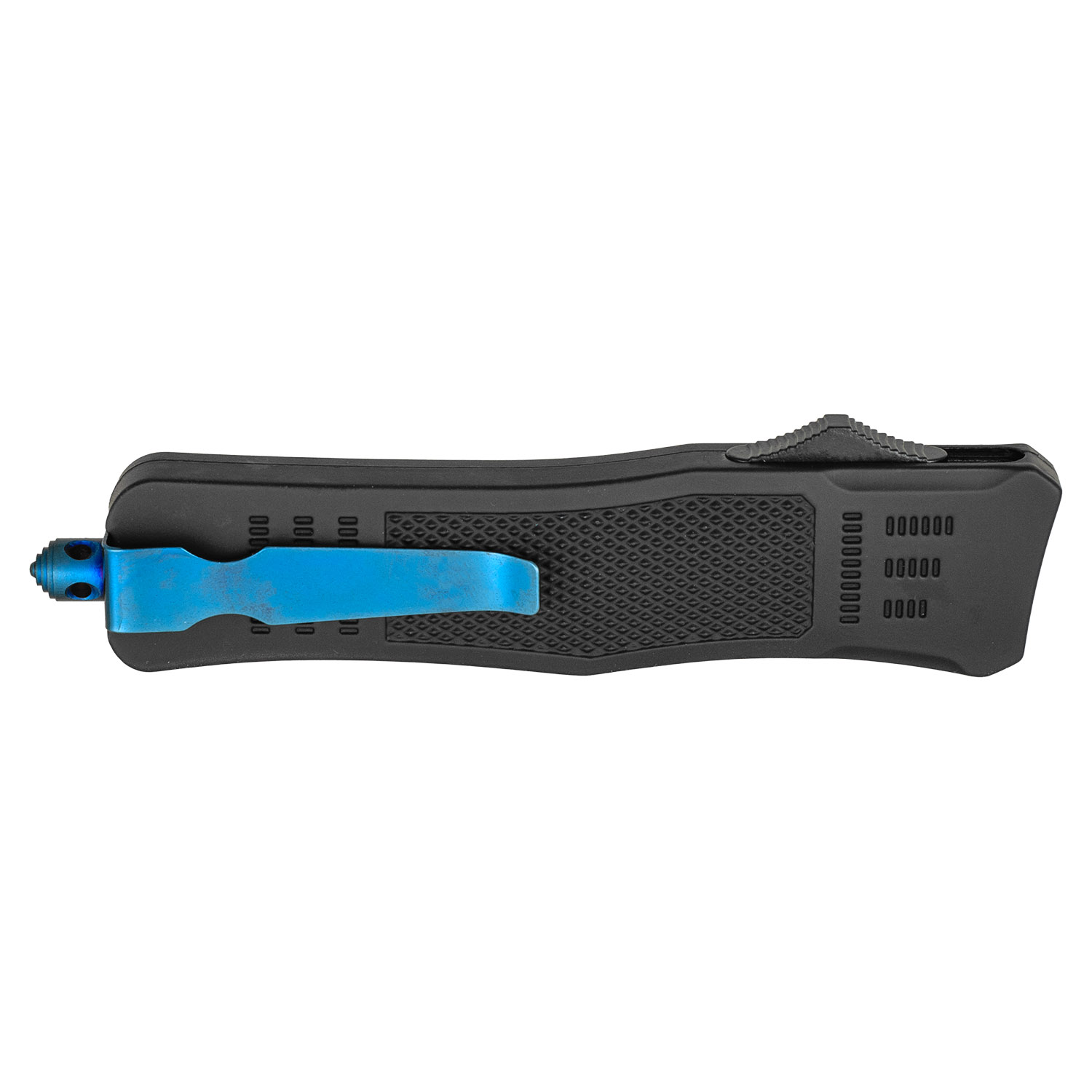 Black Tactical OTF Out the Front Pocket Knife - Blue Damascus Tanto Point Blade - Image 3