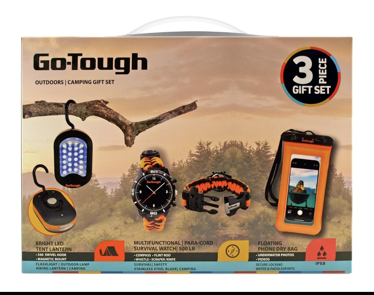 Go-Tough 3 Piece Camping Set - LED Lantern, Survival Watch, Floating Phone Dry Bag
