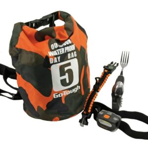 Go-Tough 4 Piece Camping 4-in-1 Camping Utensil, Waterproof Day Bag, LED Headlamp, and Paracord Survival Bracelet